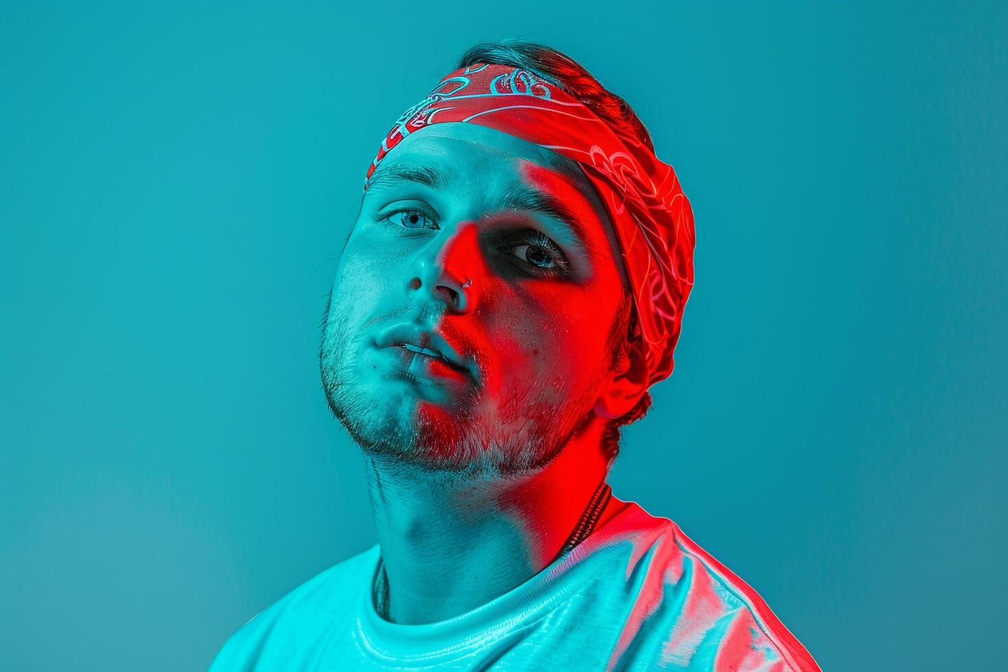 Fashionable Handsome Male Model in Neon Red Bandana with Neon Aqua Details Set Against a Vibrant Neon Lifestyle Background Modern Males portrait photo