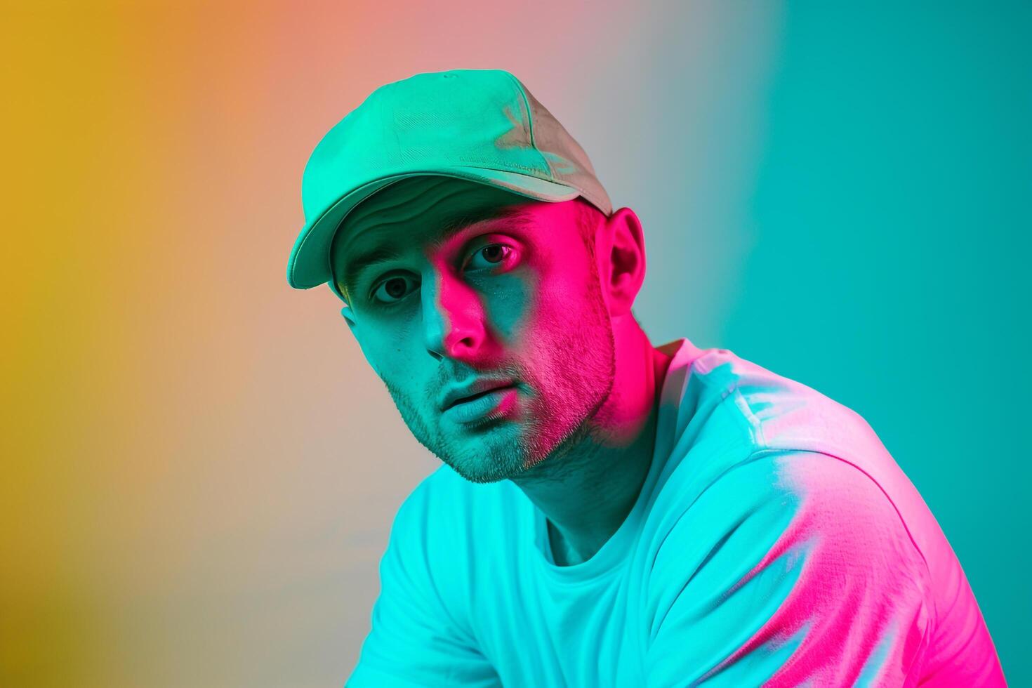 Fashionable Handsome Male Model in Neon Green Cap with Neon Aqua Accents Set Against a Trendy Neon Lifestyle Background Chic Males portrait photo