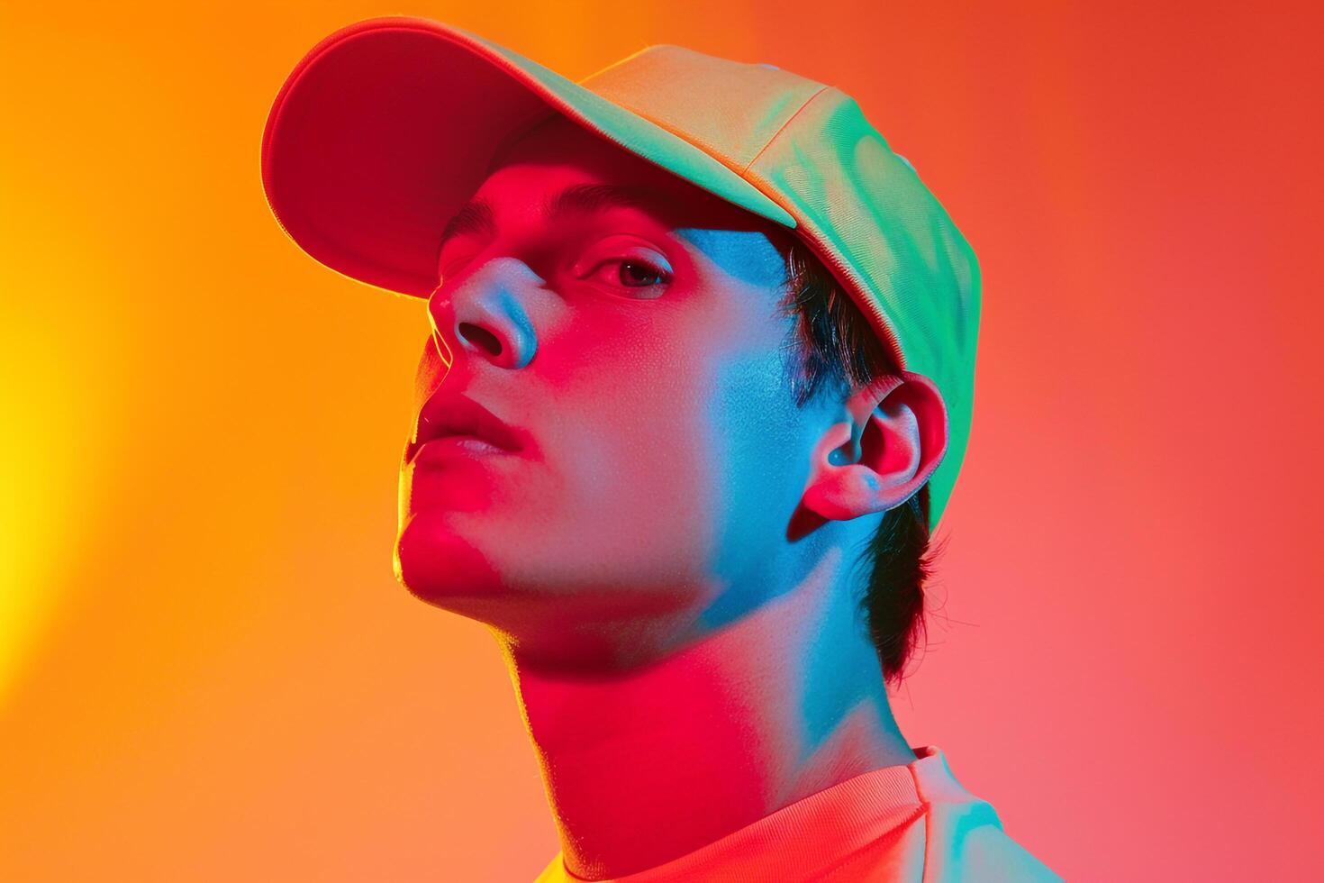 Trendy Handsome Male Model in Neon Yellow Cap with Neon Coral Highlights Set Against a Vibrant Lifestyle Background Contemporary Males portrait photo