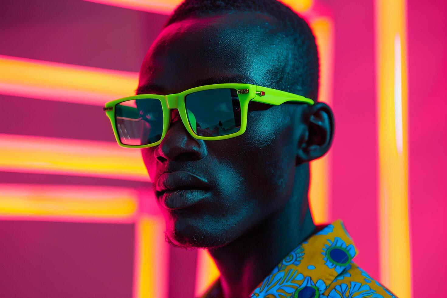 Fashionable Handsome Fashion Male Model in Neon Green eyewear with Neon Coral Details Set Against a Vibrant Lifestyle Background Contemporary Males portrait photo