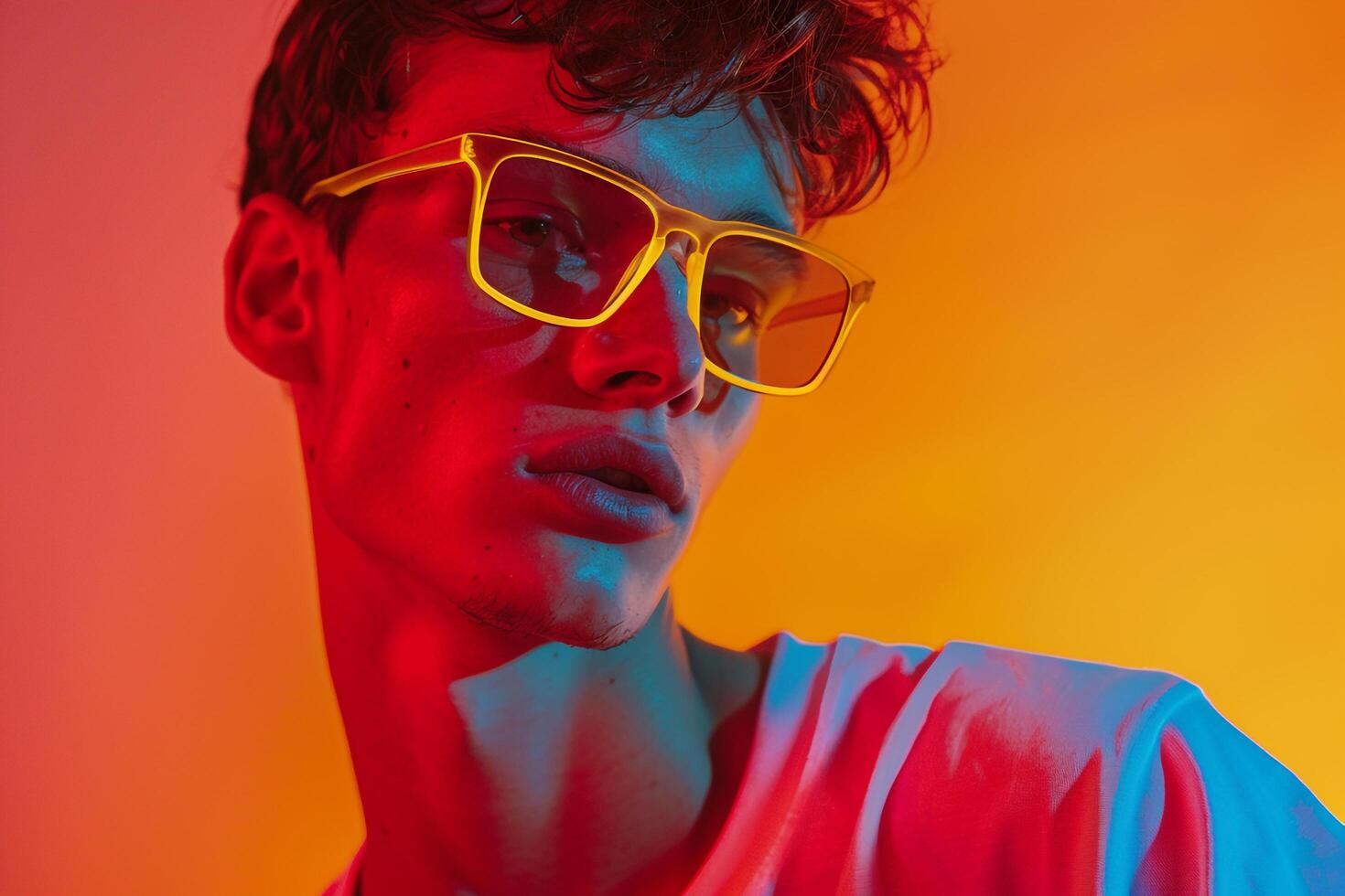Fashionable Handsome Male Model in Neon Yellow eyewear with Neon Red Details Set Against a Chic Lifestyle Background Stylish Males portrait photo