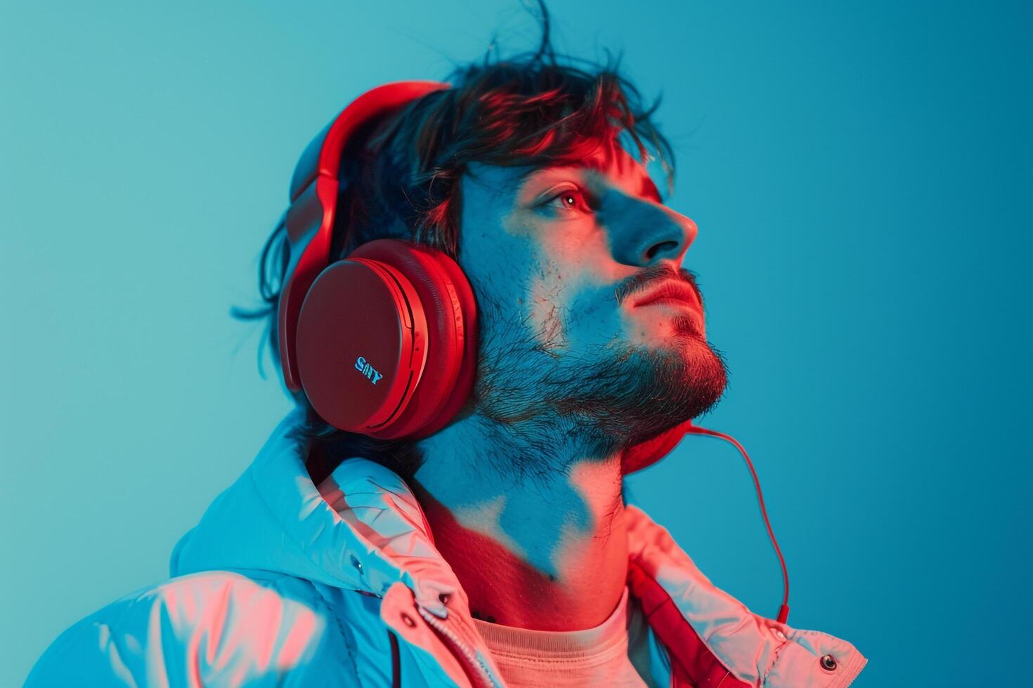 Fashionable Handsome Fashion Male Model in Neon Red Headphones with Neon Aqua Highlights Set Against a Vibrant Lifestyle Background Trendy Males portrait photo