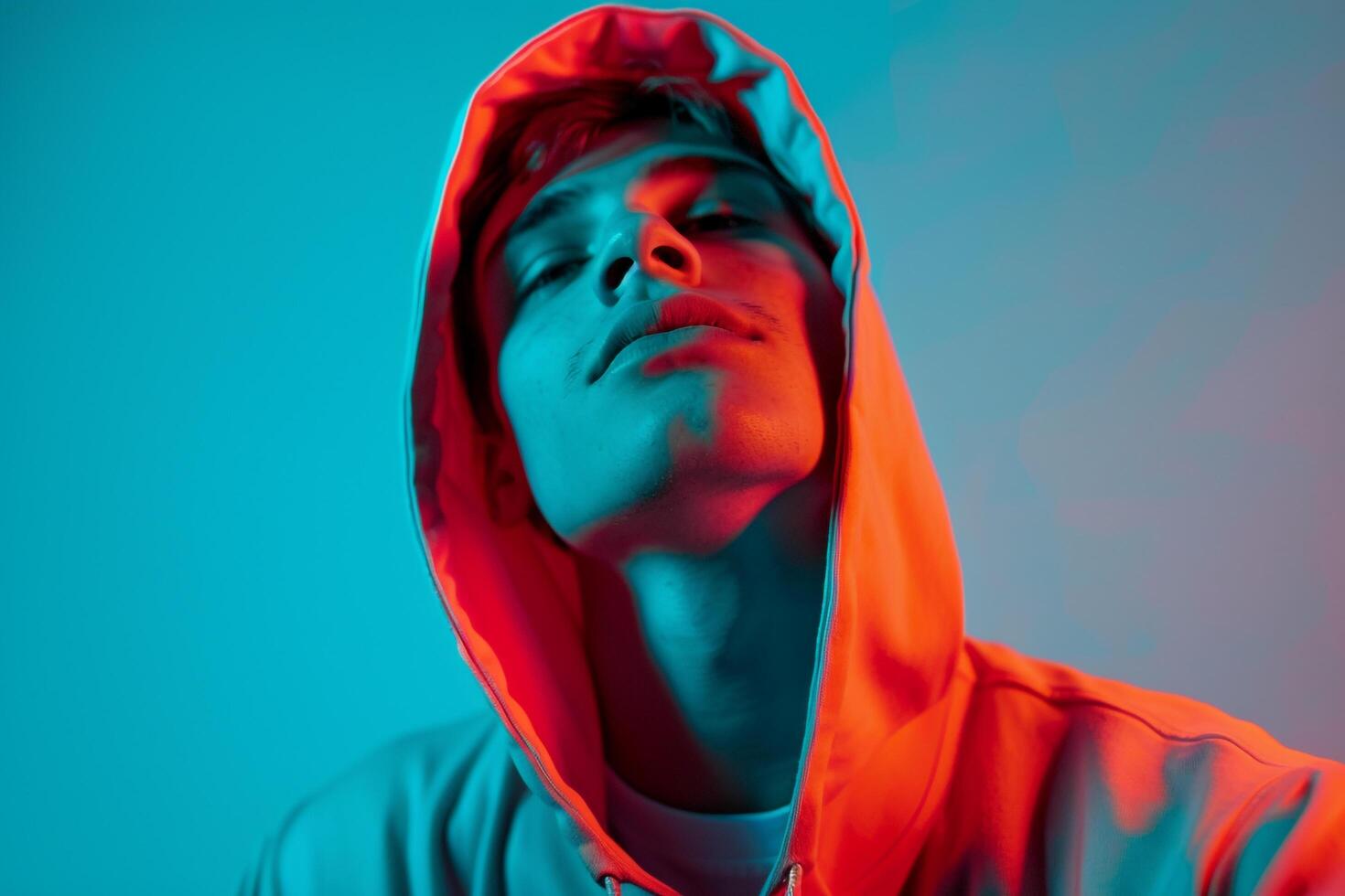 Contemporary Handsome Male Model in Neon Coral Hoodie with Neon Teal Details Set Against a Stylish Lifestyle Background Modern Males portrait photo