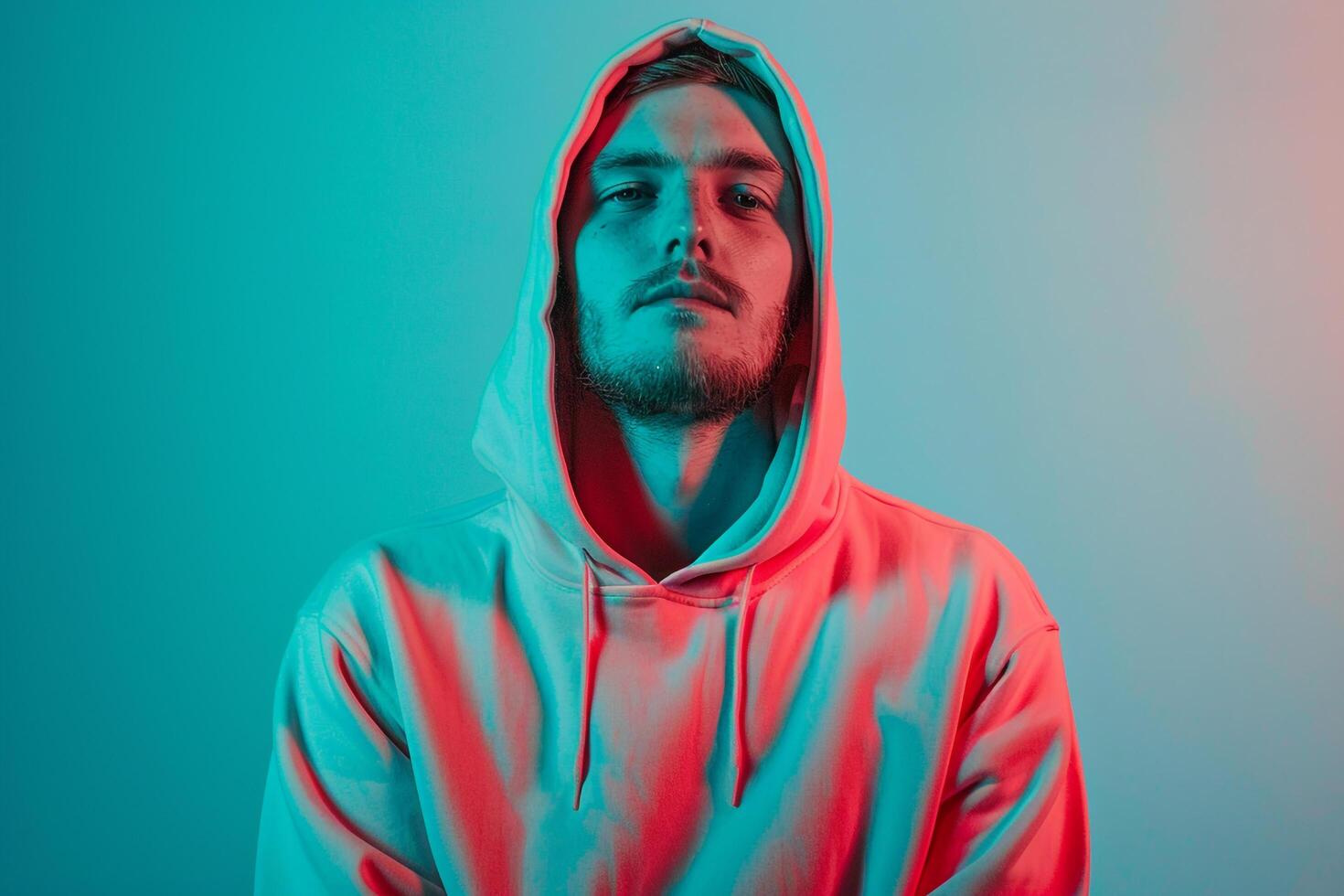 Trendy Handsome Male Model in Neon Coral Hoodie with Neon Teal Highlights Set Against a Chic Lifestyle Background Contemporary Males portrait photo