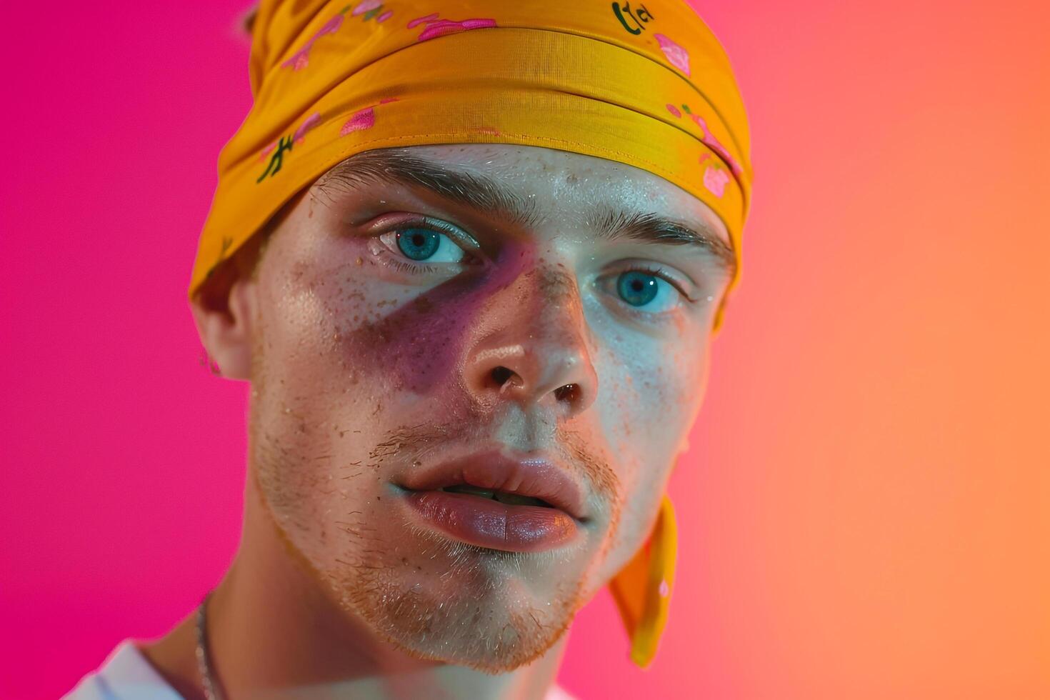 Trendy Male Model in Neon Yellow Bandana with Neon pink Details Vibrant Lifestyle portrait photo