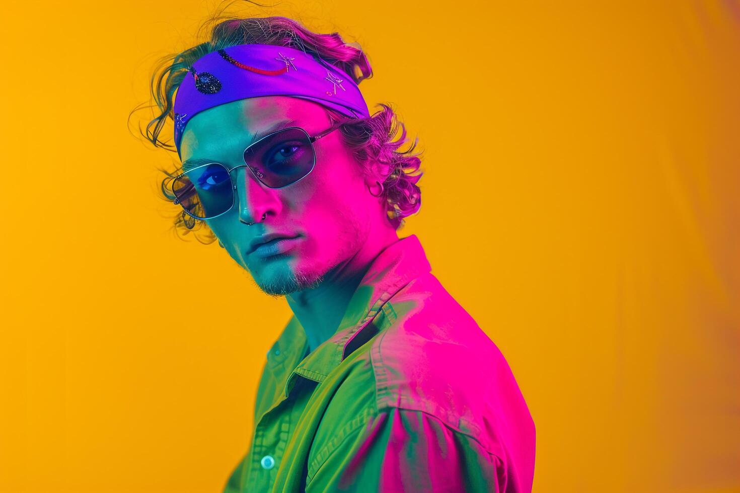 Fashionable Male Model Sporting Neon purple Bandana with Neon Yellow Accents Against a Vibrant Background portrait photo