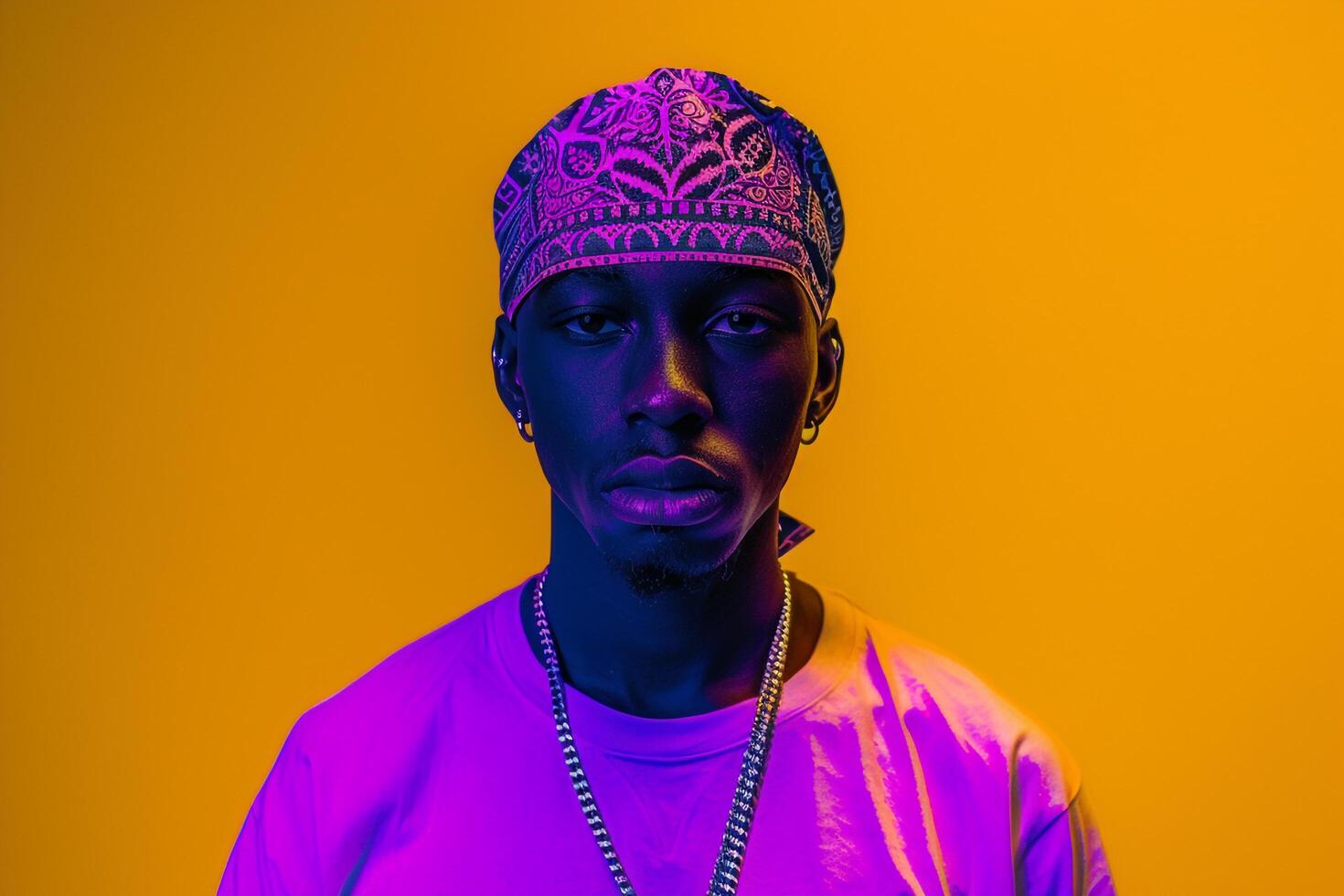 Stylish Male Model in Neon purple Bandana with Neon Yellow Accessories energetic Lifestyle portrait photo