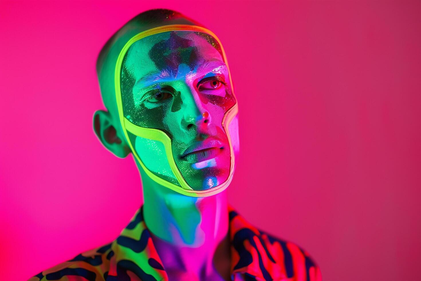 Stylish Male Model in Neon Green Face Mask with Neon pink Details energetic Lifestyle portrait photo