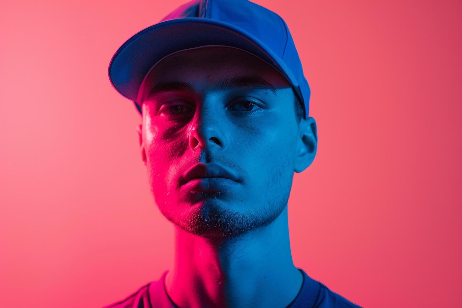 Stylish Male Model in Neon Blue Cap with Neon pink Accents energetic Lifestyle portrait photo