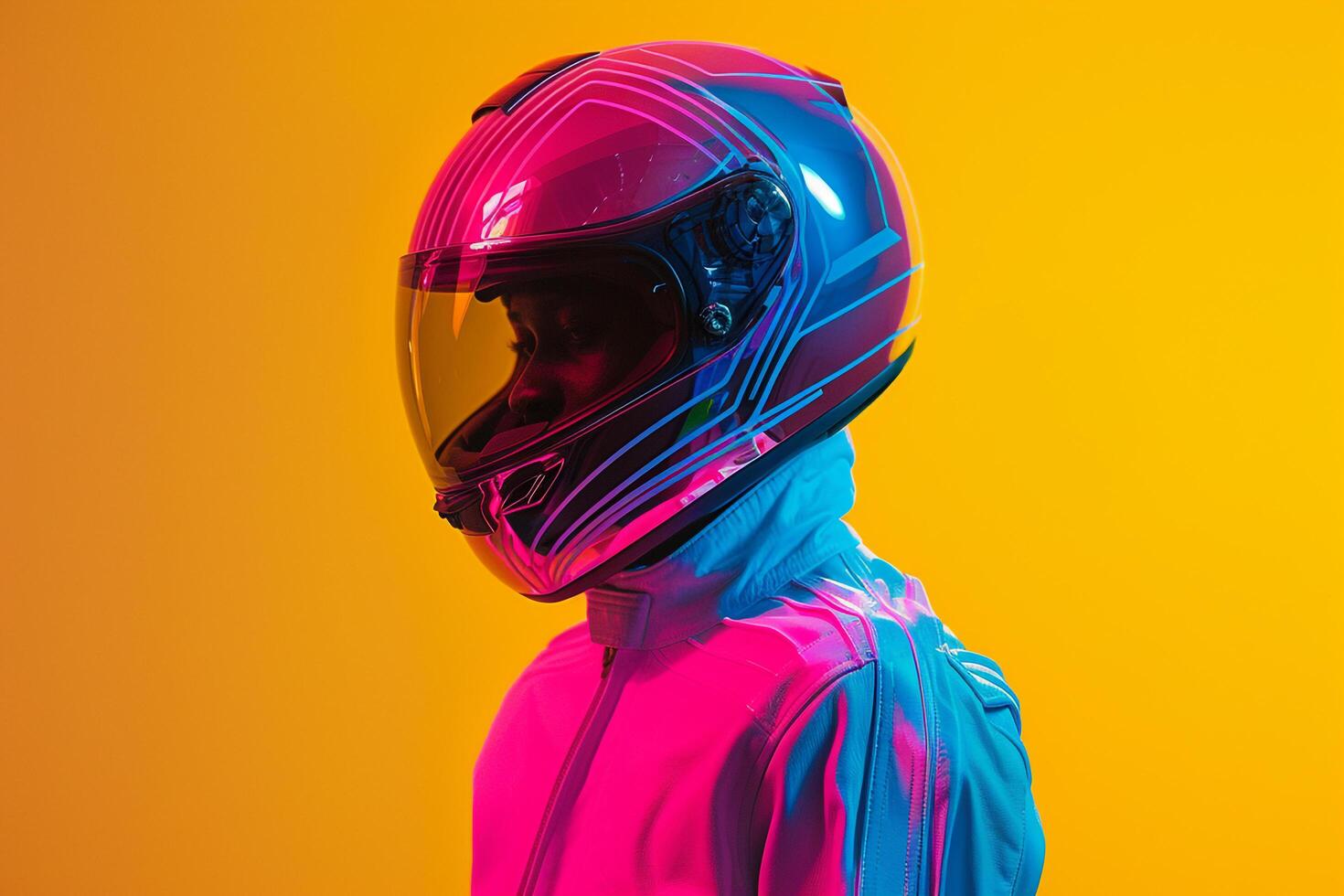 Trendy Male Model in Neon pink Fashion Helmet with Neon Yellow Details Bold Lifestyle Background photo