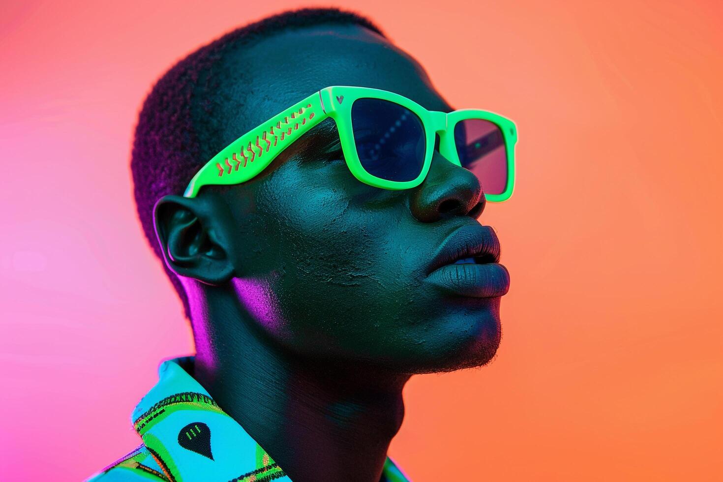 Fashionable Male Model in Neon Green eyewear with Neon Coral Accents Vibrant Lifestyle portrait photo