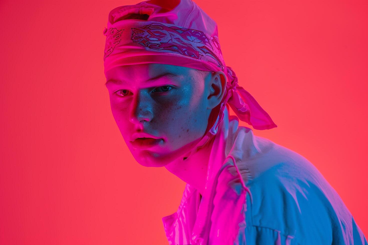 Stylish Male Model in Neon pink Bandana with Neon Red Details Bold Lifestyle portrait photo