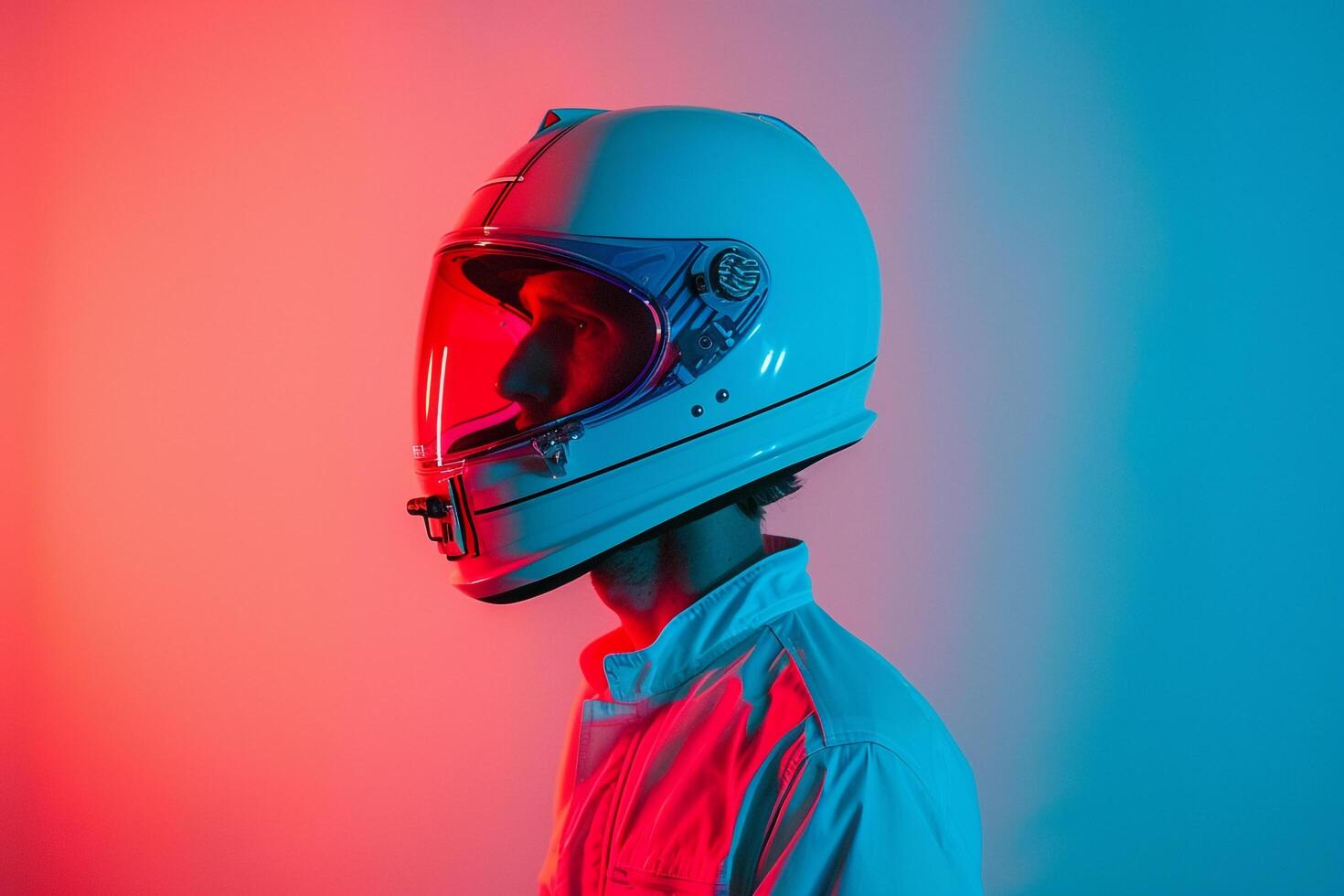 Stylish Male Model in Neon Red Fashion Helmet with Neon Blue Details Vibrant Lifestyle portrait photo