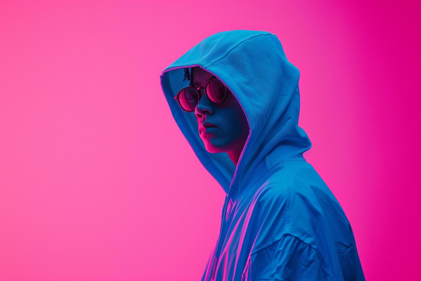 Handsome Fashion Male Model in Neon Blue Hoodie and Neon pink Accents Dynamic Lifestyle portrait for Male photo