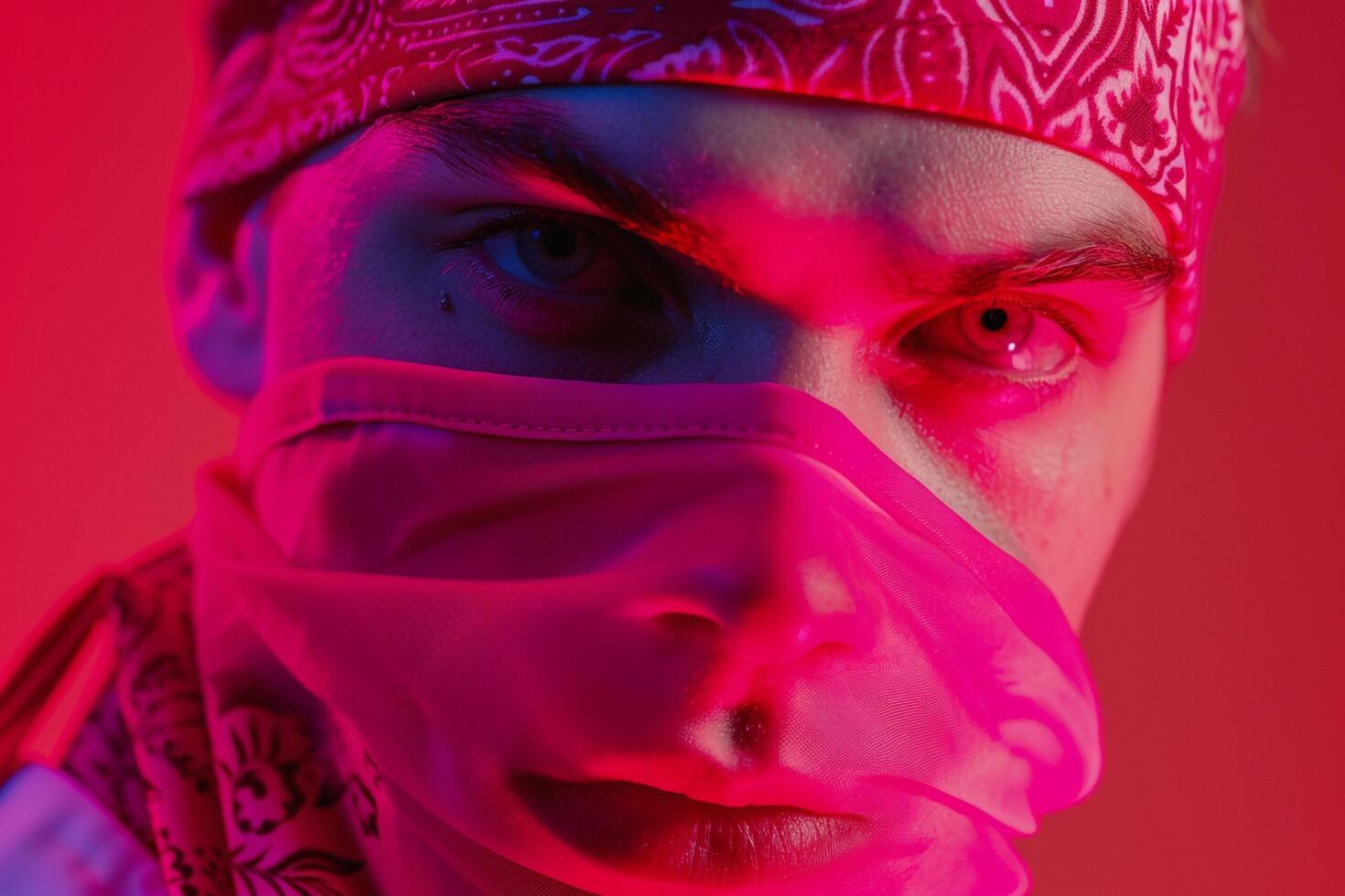eye catching Fashion Male Model with a Bright pink Bandana and Neon Red Background energetic Males portrait photo