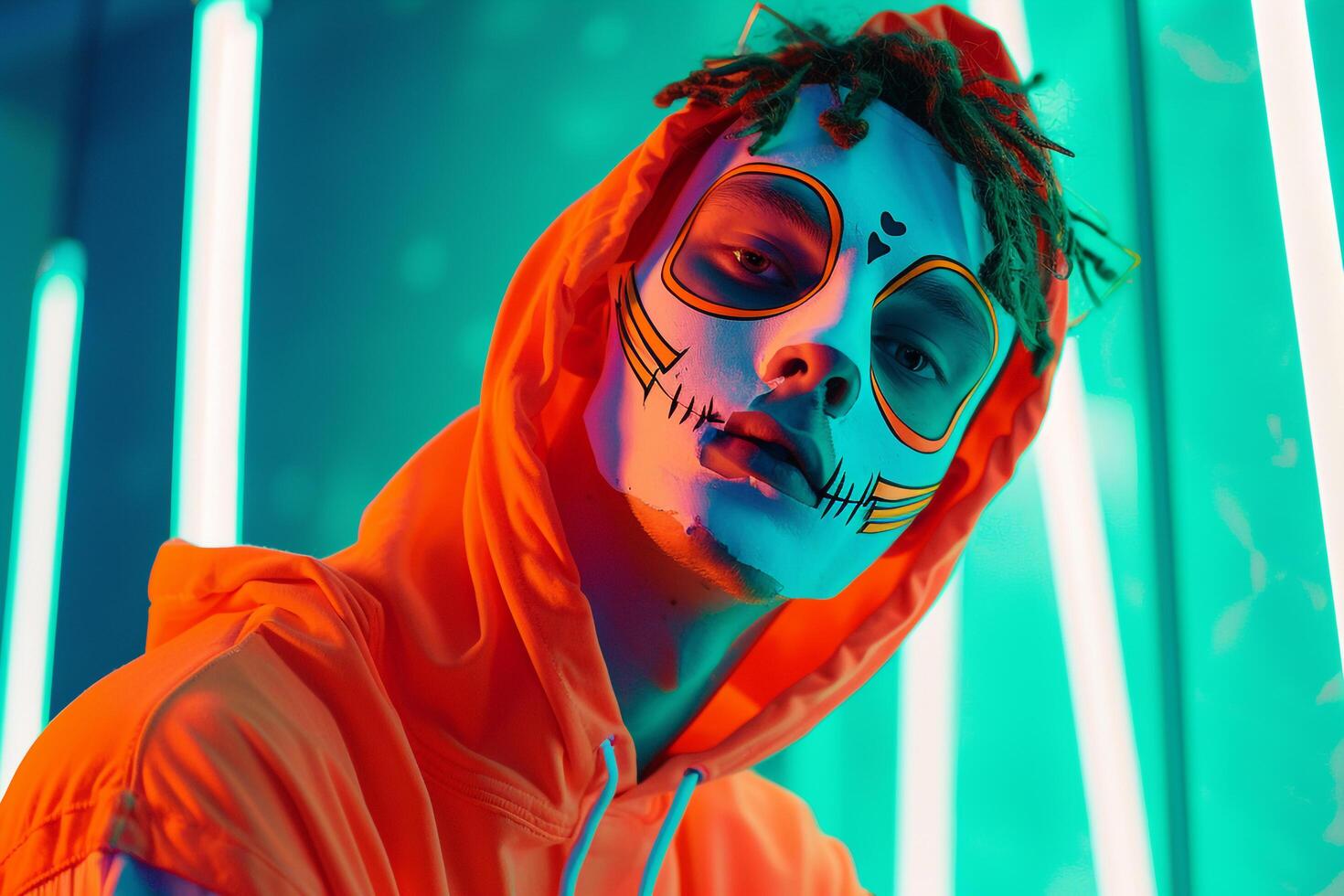 Fashion Male Model in Neon Orange Face Mask with Neon Green Background Vibrant and Bold Males portrait photo