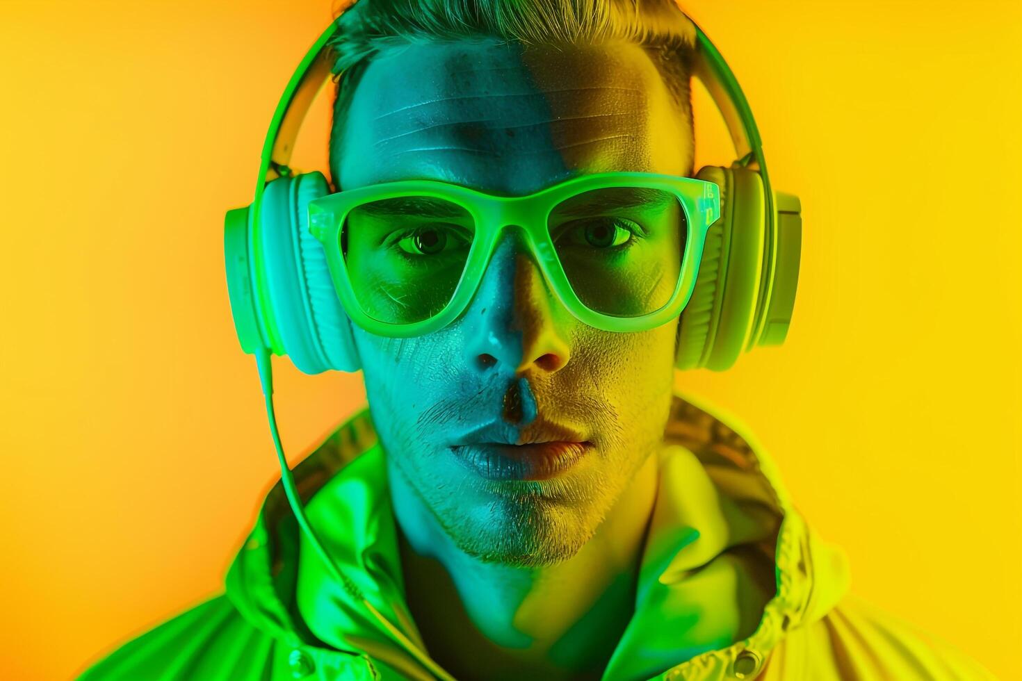 Handsome Male Model in Neon Green Headphones with Neon Yellow Lifestyle Vibrant and Dynamic Males portrait photo