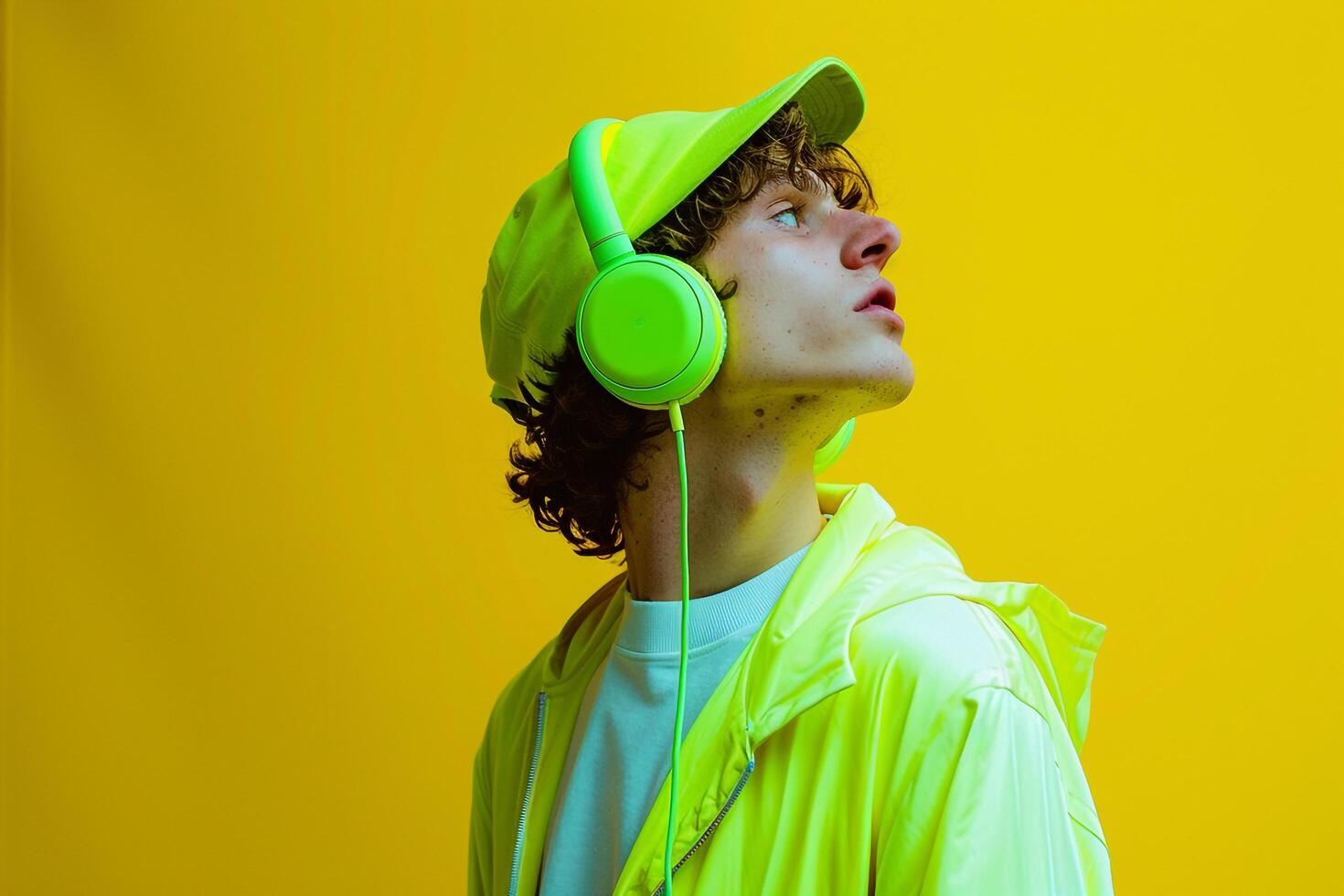 energetic Fashion Male Model in Neon Green Headphones with Neon Yellow Lifestyle Dynamic Males portrait photo
