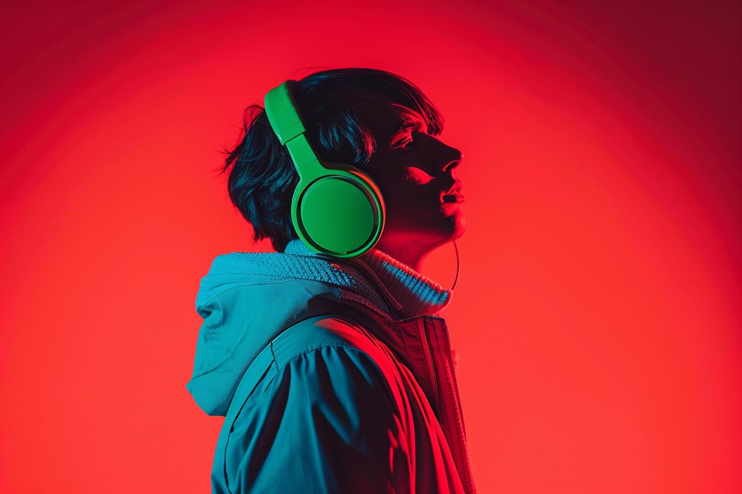 Fashion Male Model in Neon Green Headphones with Neon Red Lifestyle Dynamic and Bold Males portrait photo