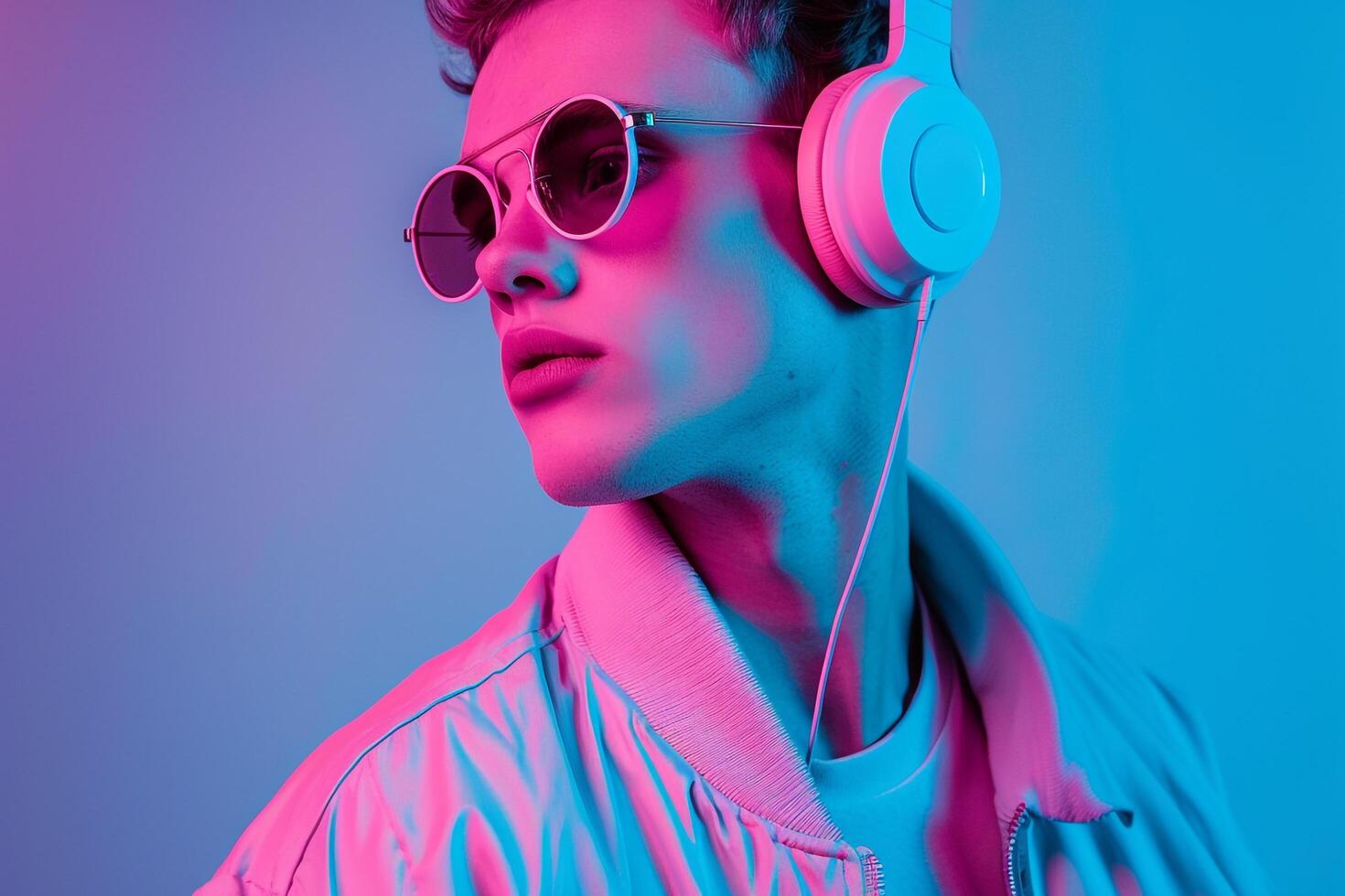 Handsome Fashion Male Model in Bright pink Headphones with Neon Blue Background energetic Males portrait photo