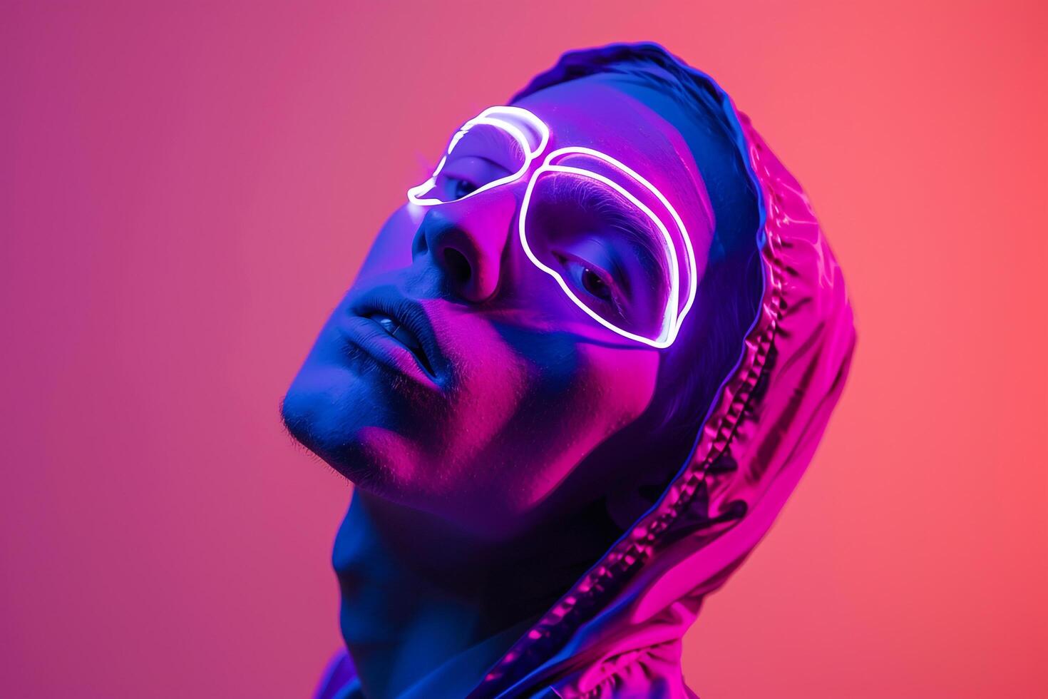 Trendy Fashion Male Model in Neon purple Face Mask with Neon Coral Background Vibrant Males portrait photo