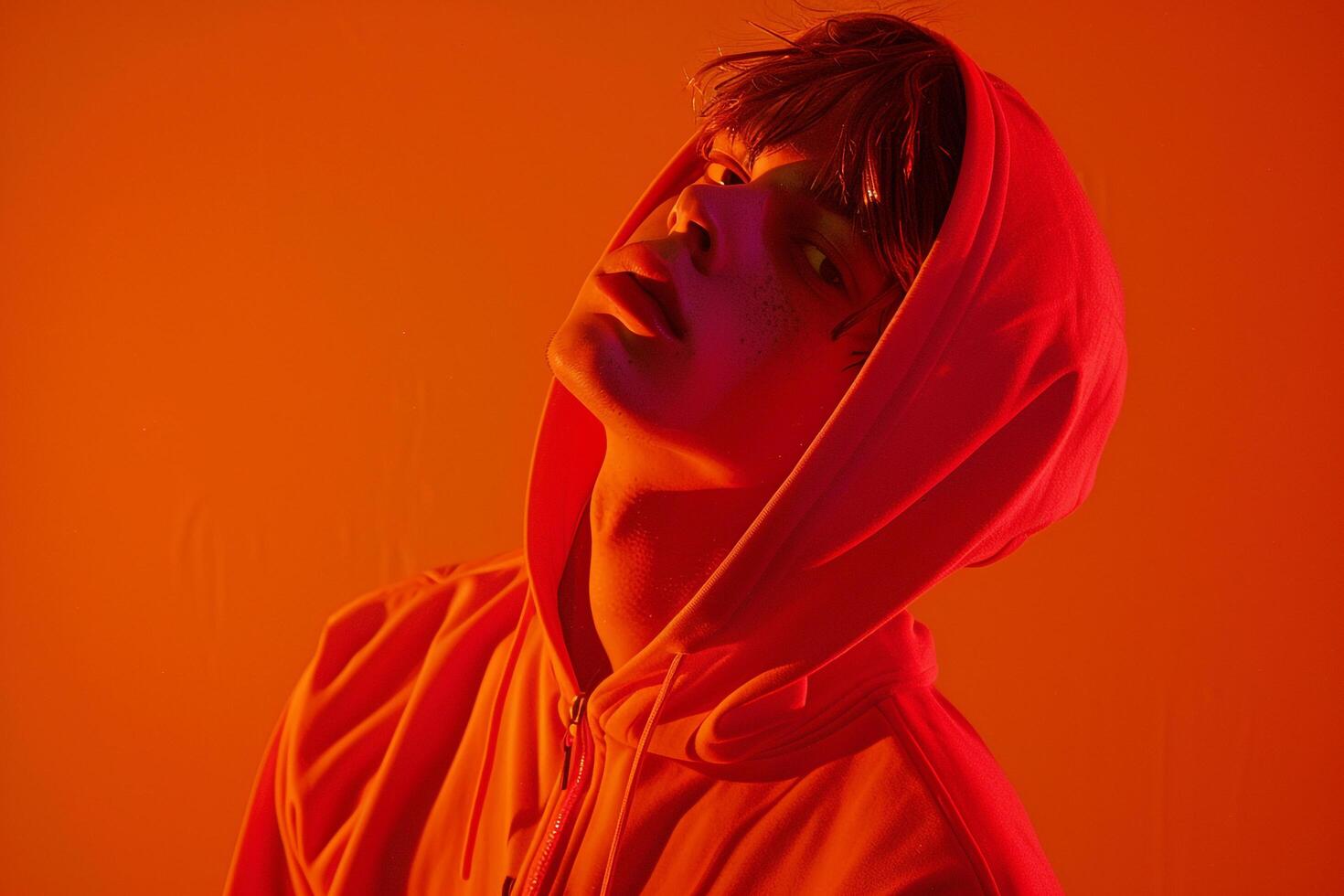 Handsome Fashion Male Model in Neon Orange Hoodie with Neon Red Setting Trendy Males portrait photo