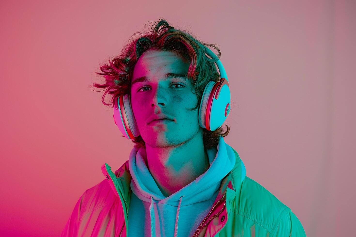 Trendy Fashion Male Model in Neon pink Headphones with Neon Teal Background energetic Males portrait photo