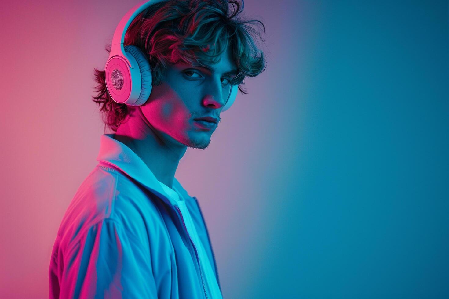 Fashion Male Model in Neon pink Headphones with Neon Teal Background energetic and Stylish Males portrait photo
