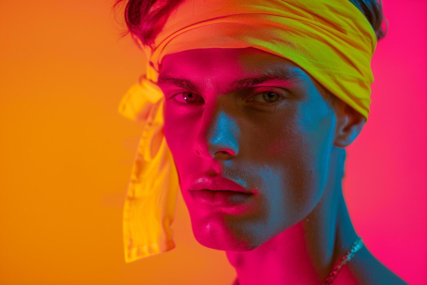 Fashion Male Model in Neon Yellow Bandana with Neon pink Background energetic Males portrait photo