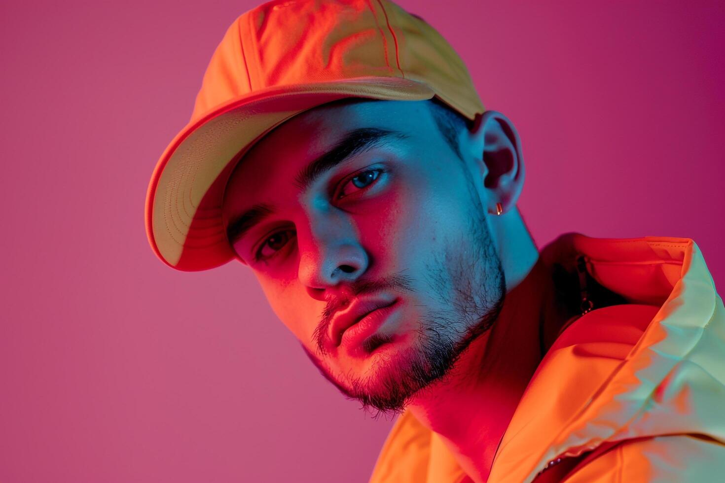 Dynamic Male Model in Neon Yellow Cap with Neon Coral Background Vibrant Males portrait Showcasing energetic Urban Fashion photo