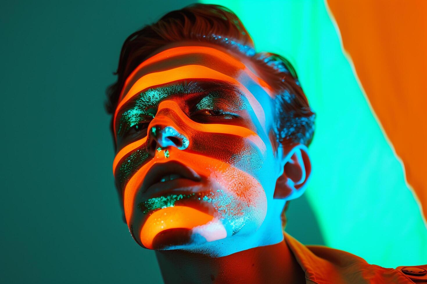 Stylish Fashion Male Model in Neon Orange Face Mask with Neon Green Background Dynamic Males portrait Showcasing Contemporary Urban Fashion photo