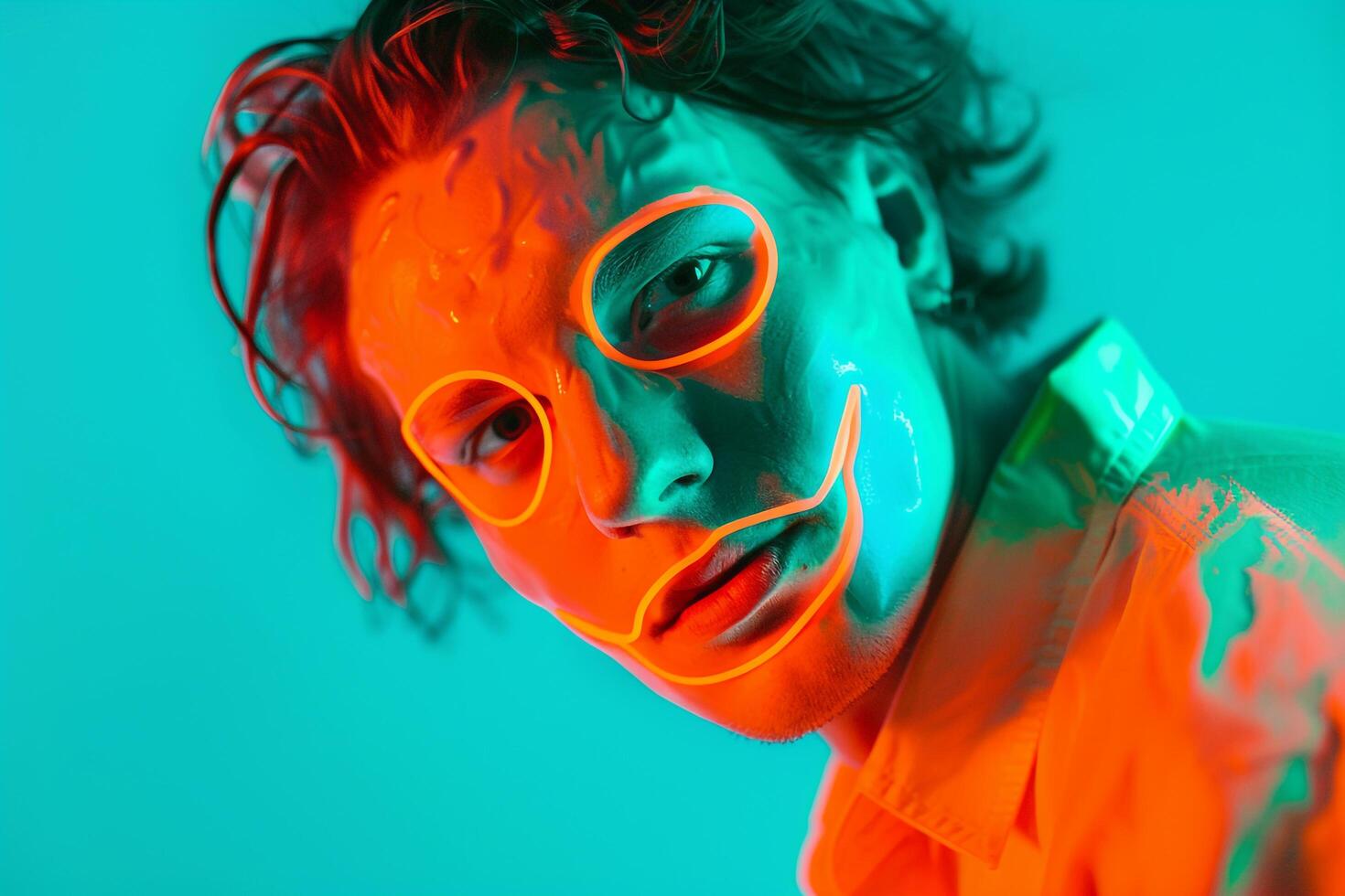 Dynamic Fashion Male Model in Neon Orange Face Mask with Neon Green Background energetic Males portrait Featuring Urban Style photo
