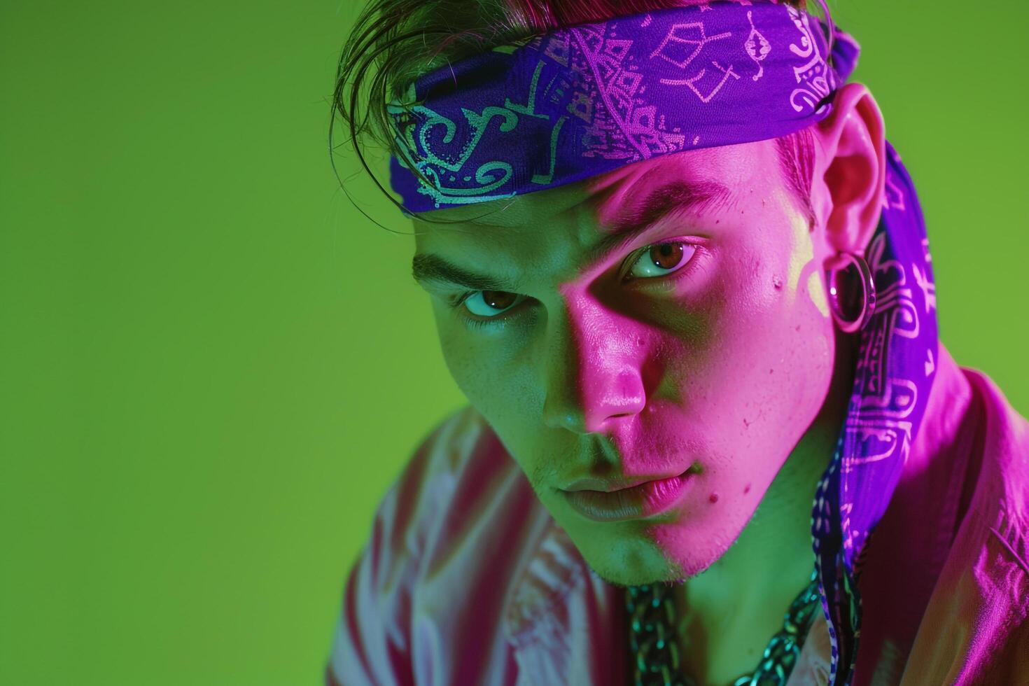 Trendy Fashion Male Model in Neon purple Bandana with Neon Green Background Bold and energetic Males portrait Featuring Urban Flair photo