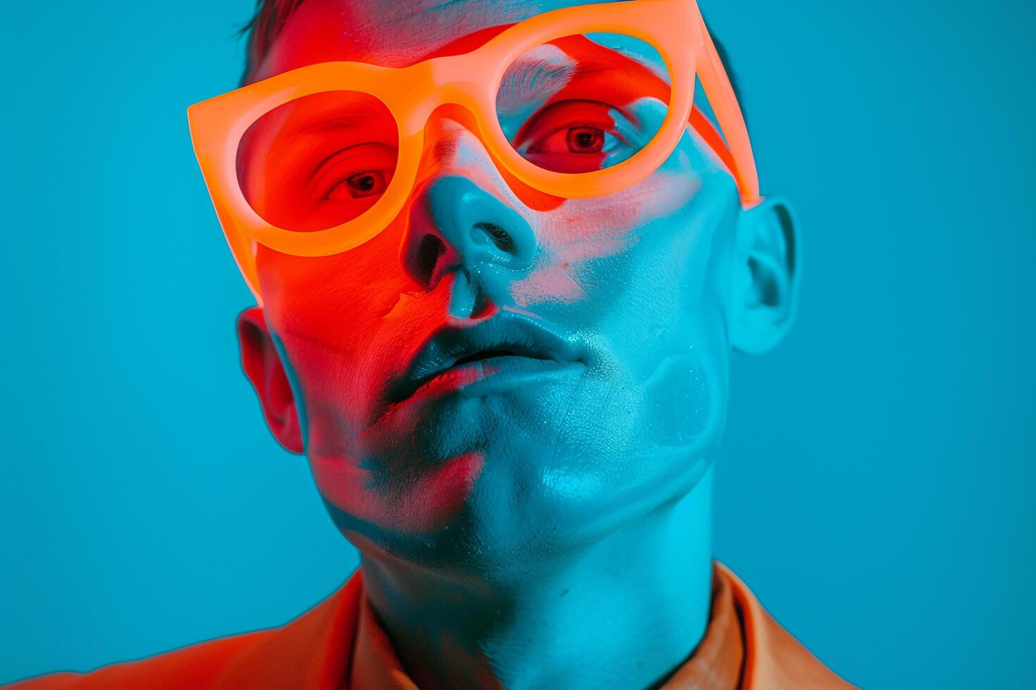 Stylish Male Model in Neon Orange Face Mask with Neon Aqua Background Vibrant and Trendy Males portrait Featuring Modern Fashion photo