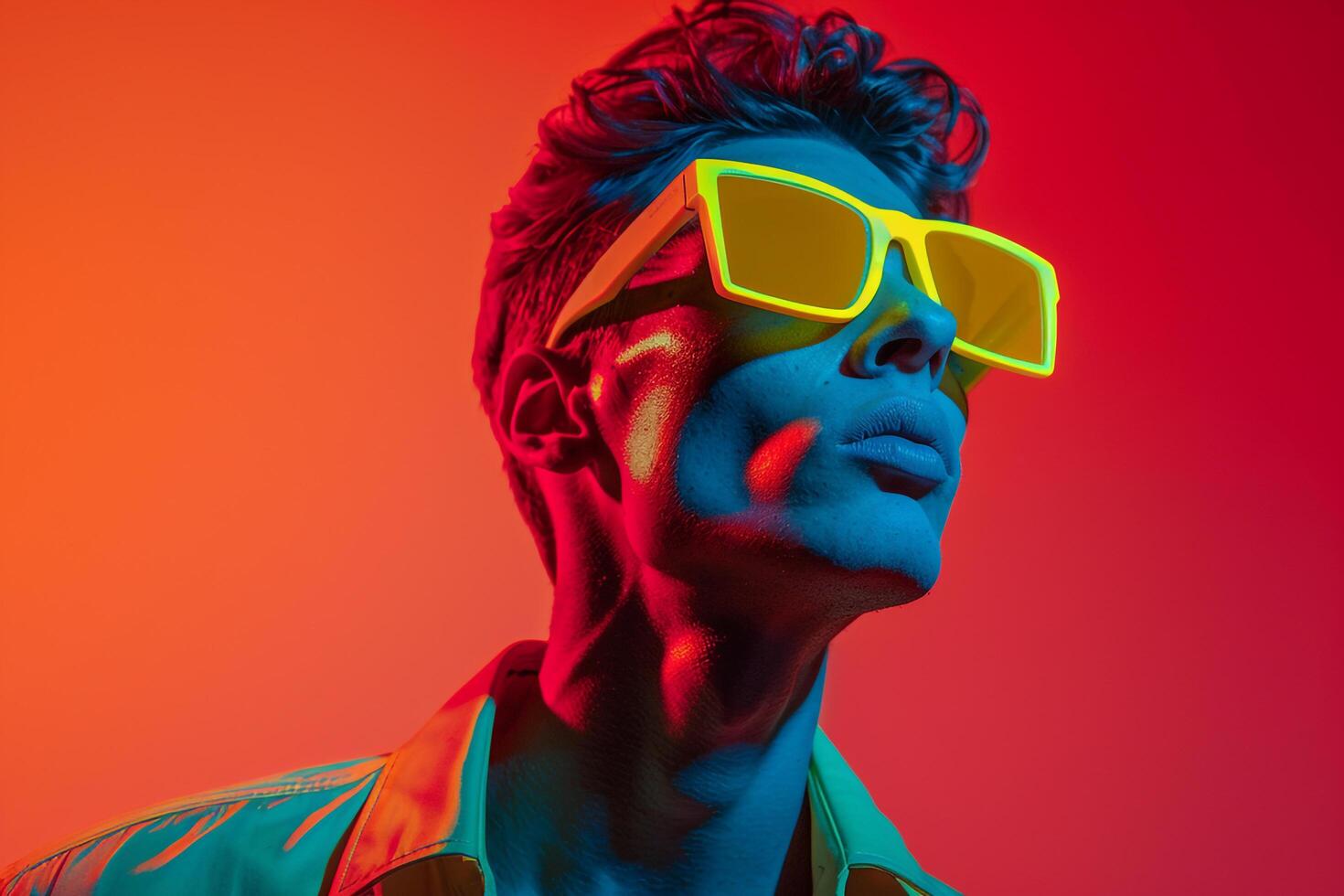 Trendy Fashion Male Model in Neon Yellow eyewear with Neon Red Background Vibrant Males portrait Featuring Bold Urban Style photo
