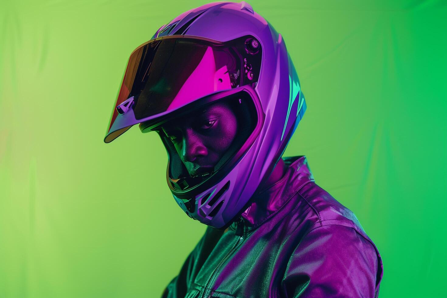 Fashionable Man in Neon purple Helmet with Neon Green Background Trendy and Bold Males portrait Highlighting energetic Urban Style photo