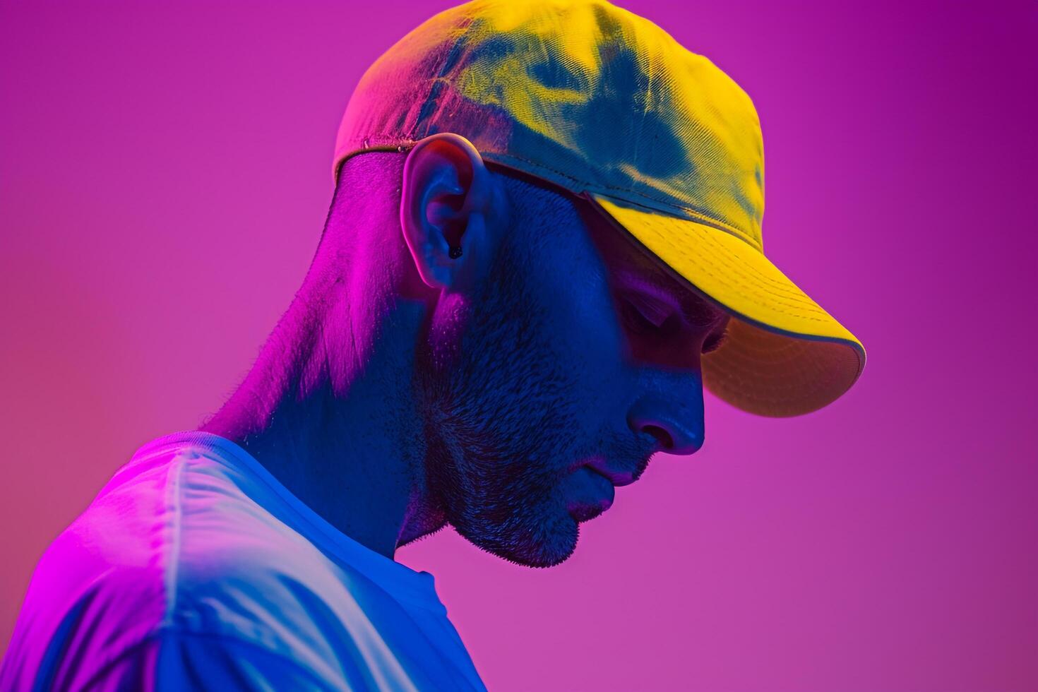 Dynamic Fashion Male Model in Neon Yellow Cap with Neon purple Background Bold and energetic Males portrait Featuring Urban Flair photo