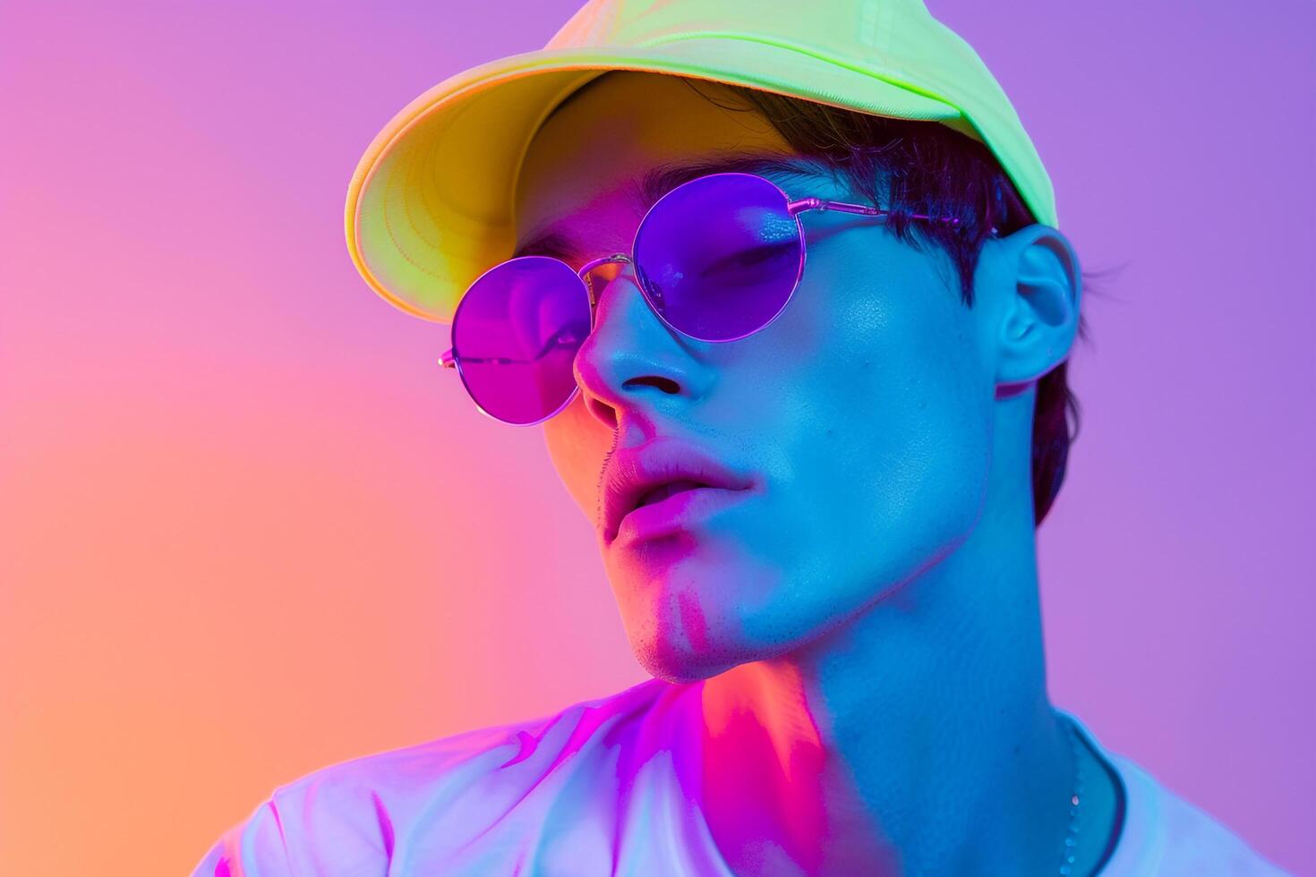 Stylish Male Model in Neon Yellow Cap with Neon purple Background Vibrant and Trendy Males portrait Highlighting Contemporary Fashion photo