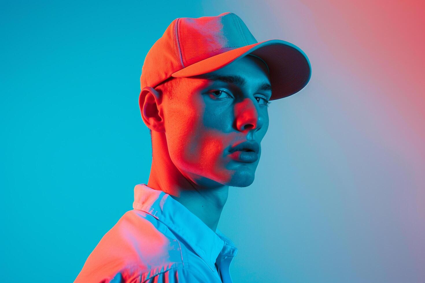 Fashionable Man in Neon Coral Cap with Neon Blue Background Vibrant and Stylish Males portrait Highlighting Trendy Urban Fashion photo