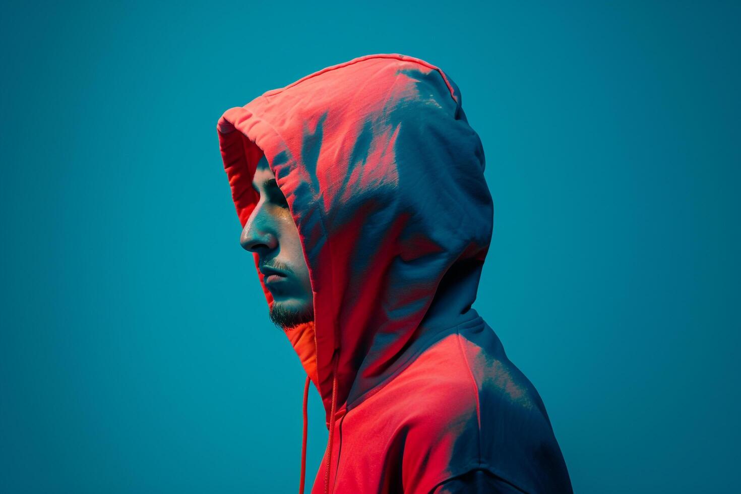 Fashionable Man in Neon Red Hoodie with Neon Teal Background Bold and Stylish Males portrait Highlighting Modern Urban Fashion photo