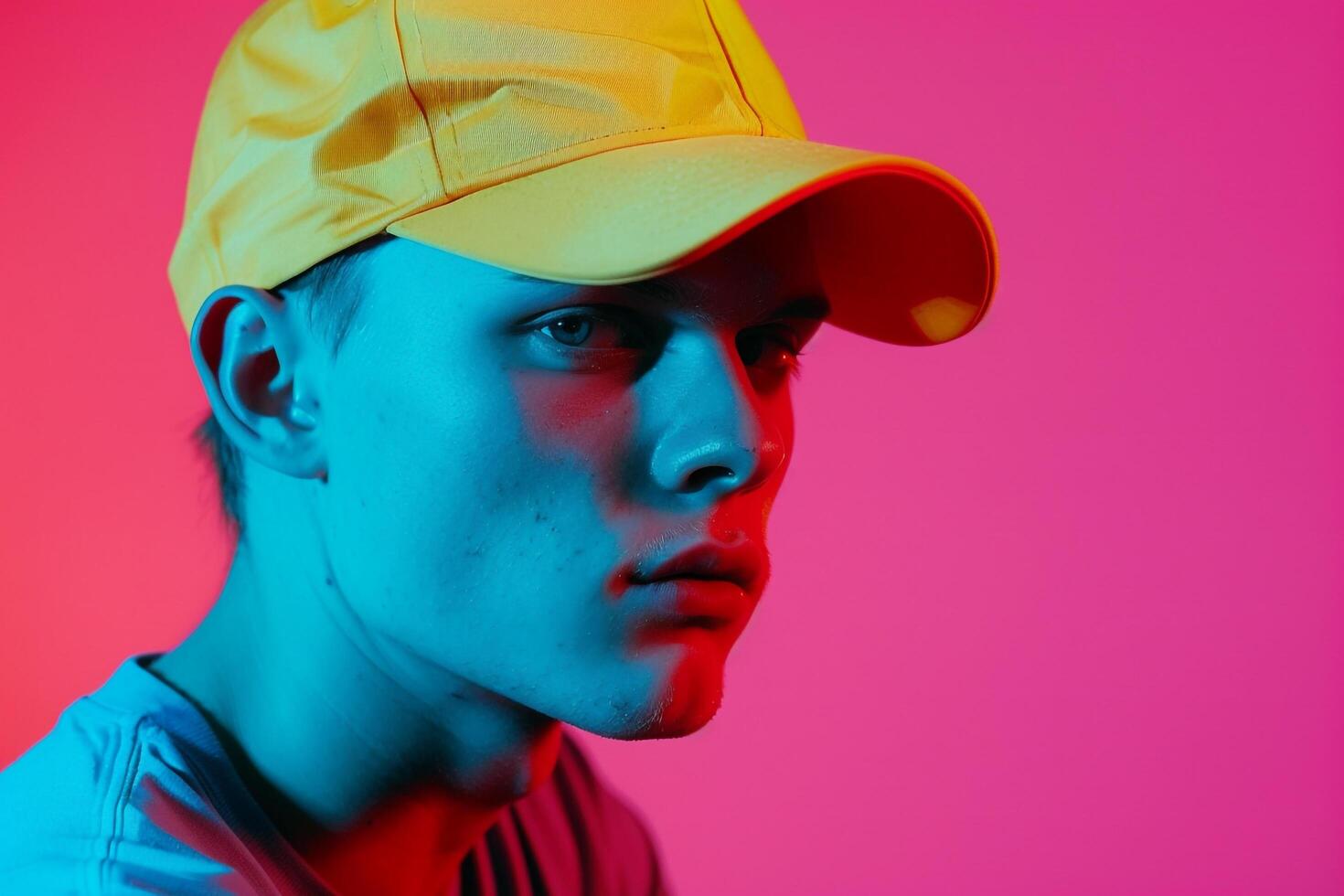 Handsome Male Model in Neon Yellow Cap with Neon Coral Background Stylish and Vibrant Males portrait Showcasing Modern Urban Fashion photo