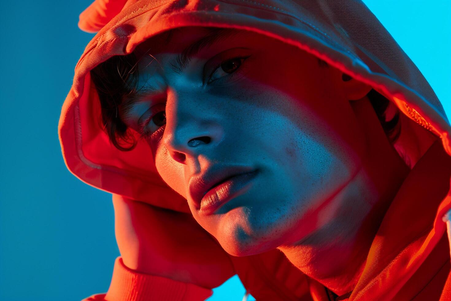 Dynamic Fashion Male Model in Neon Coral Hoodie with Neon Blue Background Bold and Stylish Males portrait Highlighting Urban Fashion Appeal photo