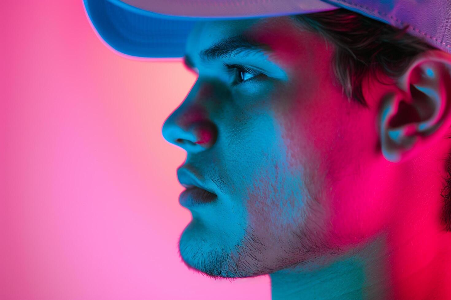 Trendy Fashion Male Model in Neon Blue Cap with Neon pink Background Vibrant and Bold Males portrait Highlighting Modern Urban Style photo