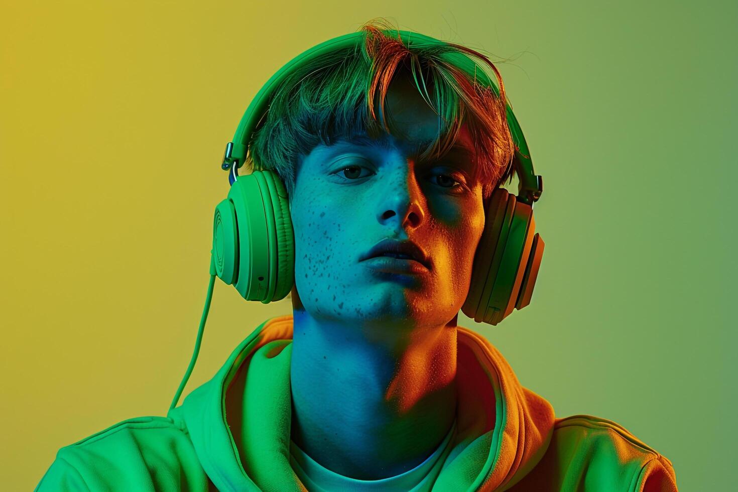 Dynamic Male Model in Neon Green Headphones with Neon Yellow Background Chic and Trendy Urban Fashion StateMalet photo