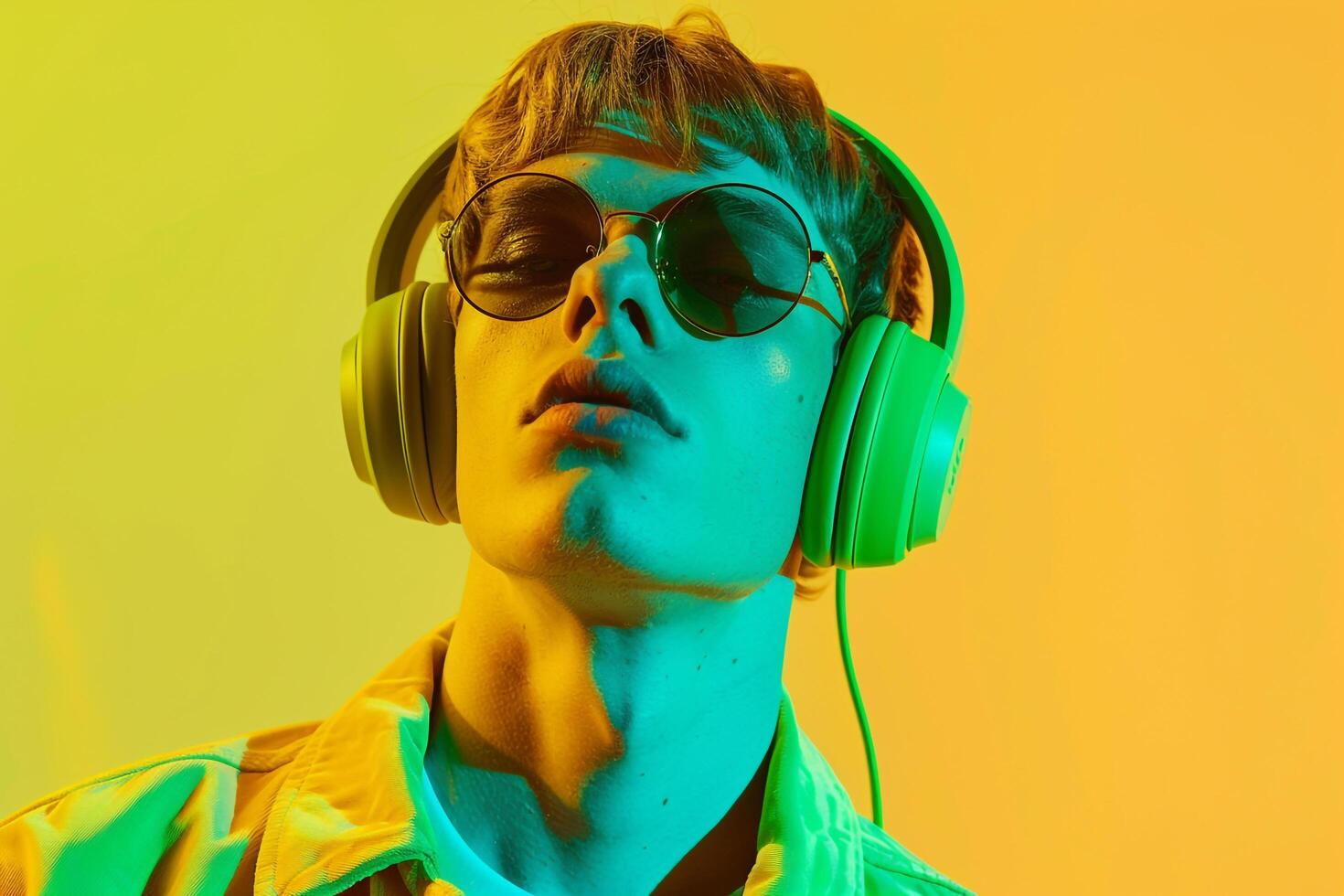 Trendy Male Model in Neon Green Headphones with Neon Yellow Background energetic Urban Fashion with a Chic Flair photo