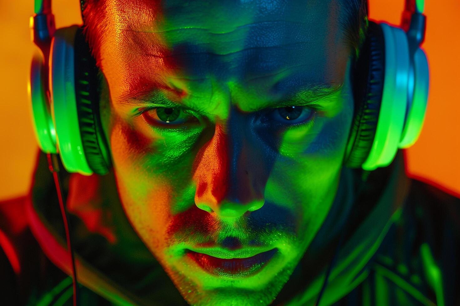 Handsome Fashion Male Model in Neon Green Headphones with Neon Yellow Background energetic Urban Fashion with a Modern Twist photo