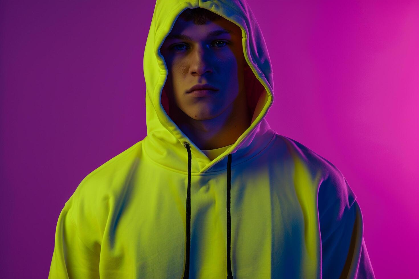 Stylish Male Model in Neon Yellow Hoodie with Neon purple Background Trendy Urban Lifestyle with energetic Appeal photo