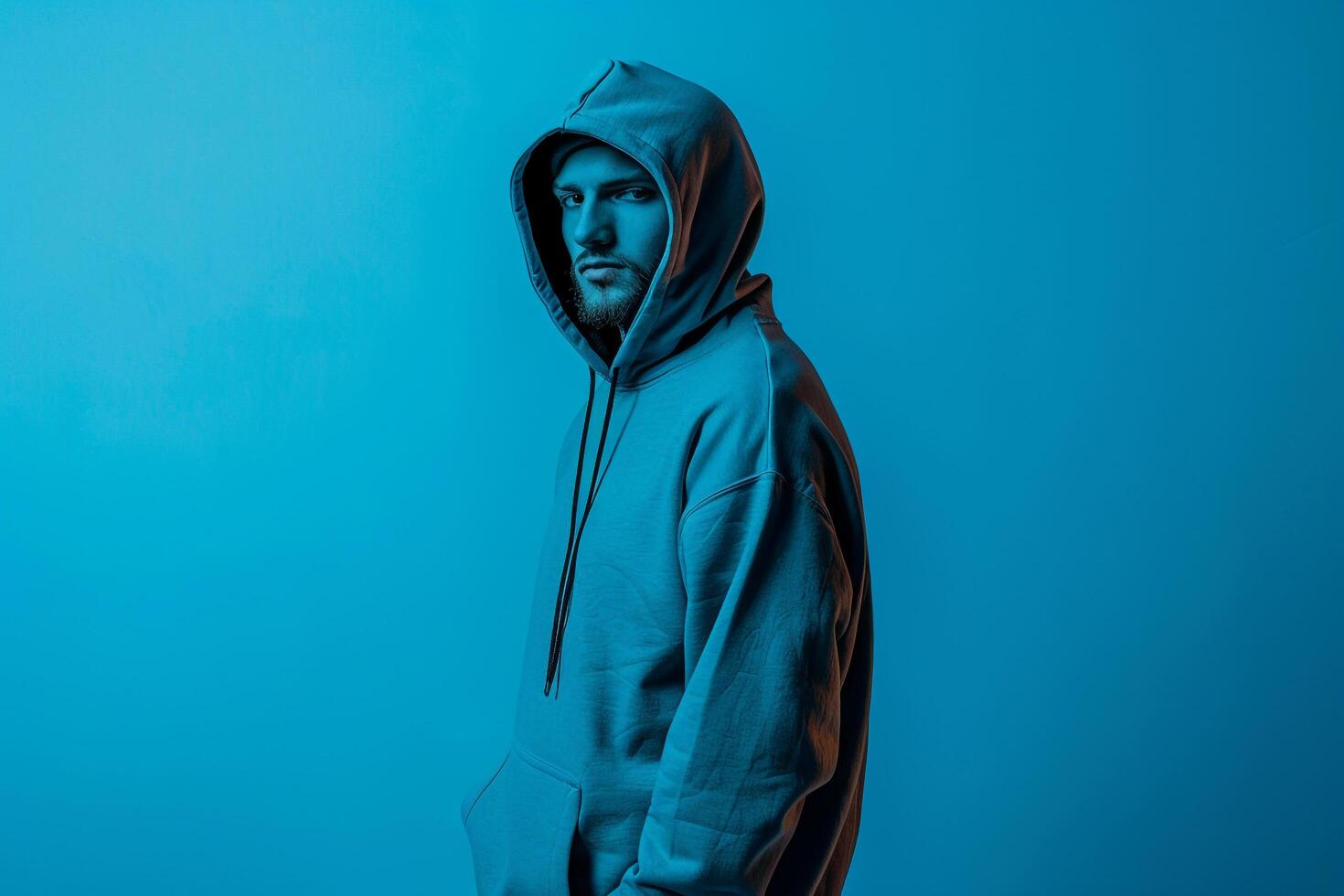 Handsome Fashion Male Model in High end Hoodie with Soft Blue Background Stylish Males portrait Featuring Modern Fashion Apparel photo