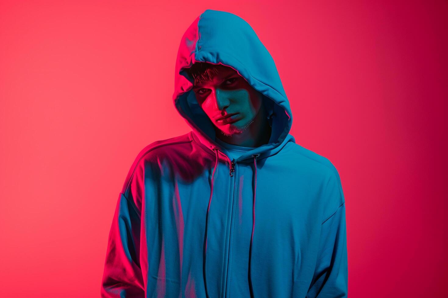 Stylish Male Model in Neon Blue Hoodie with Neon pink Background energetic Urban Fashion with Modern Flair photo