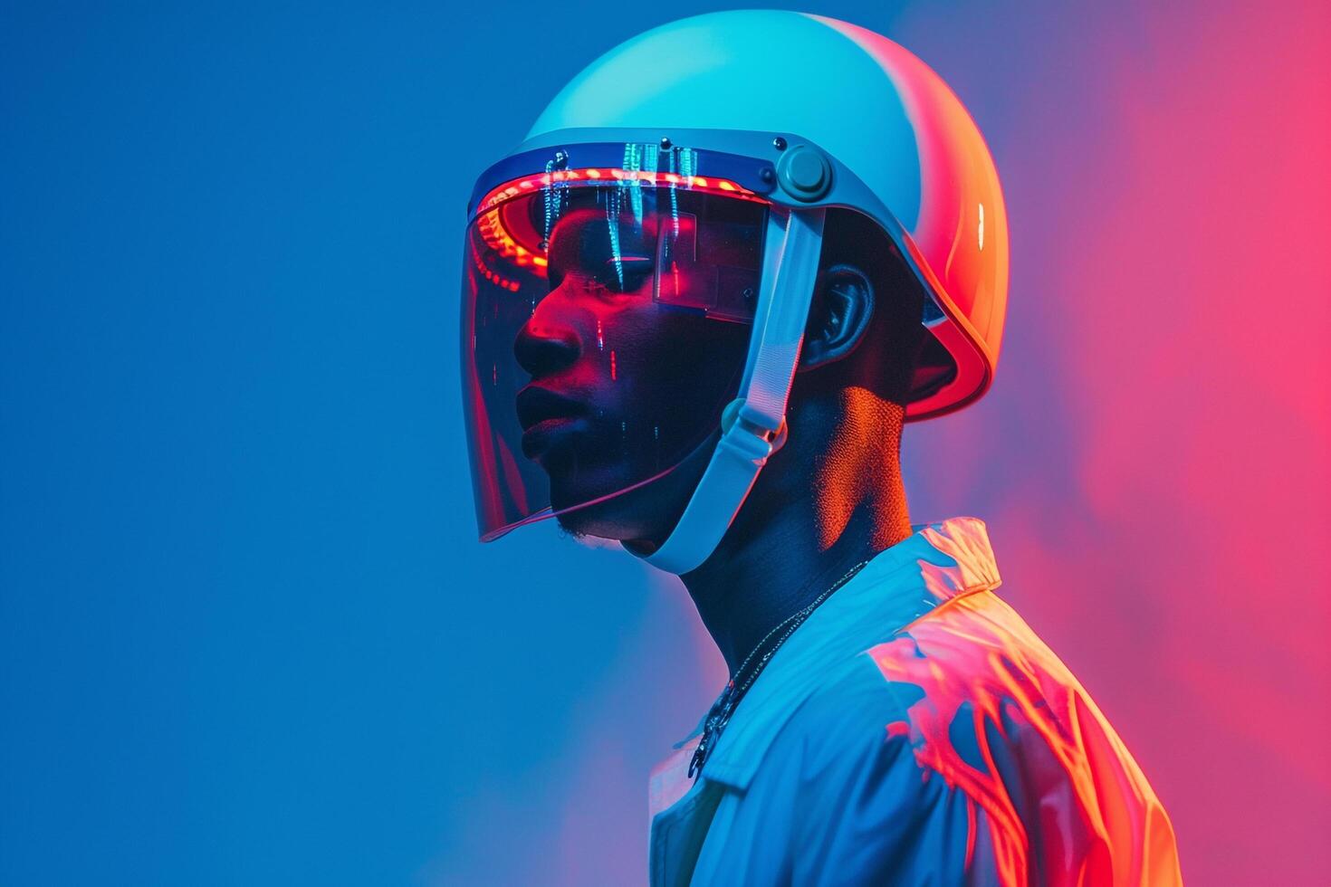 Fashionable Male Model in Neon Coral Fashion Helmet with Neon Blue Background Trendy Urban Lifestyle with a Contemporary edge photo